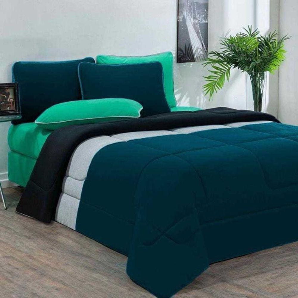 Kit Edredom + Jogo De Lençol Malha 100% Algodão 7 Peças Queen - Azul Petroleo-mescla-verde Jade