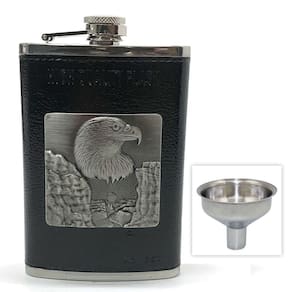 Cantil de Bolso Cachaça, Revestido Águia em Inox + Funil