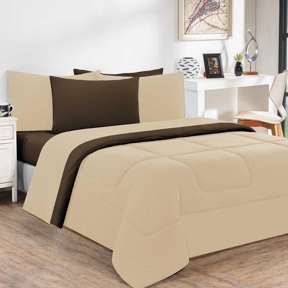 Kit Edredom + Jogo De Lençol Malha 100% Algodão Gran Moratta 7 Peças King - Palha -marrom
