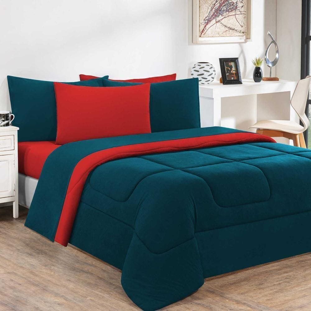 Kit Edredom + Jogo De Lençol Malha 100% Algodão Gran Moratta 6 Peças King - Azul Petróleo-vermelho