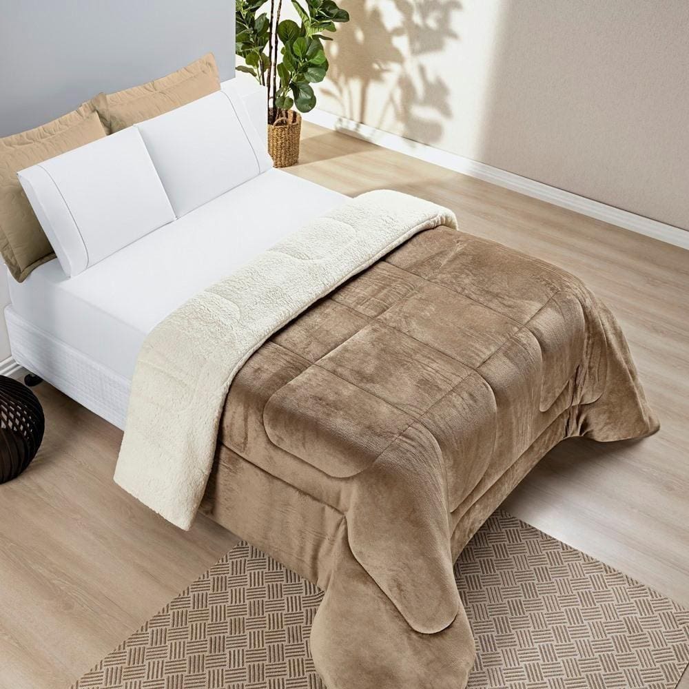 Coberdrom Sherpa E Flannel Everest King Manta Alta 150g 01 Peça - Caqui
