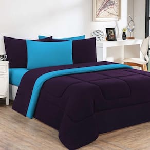 Kit Edredom + Jogo De Lençol Malha 100% Algodão Gran Moratta 4 Peças Solteiro - Roxo -azul Turquesa