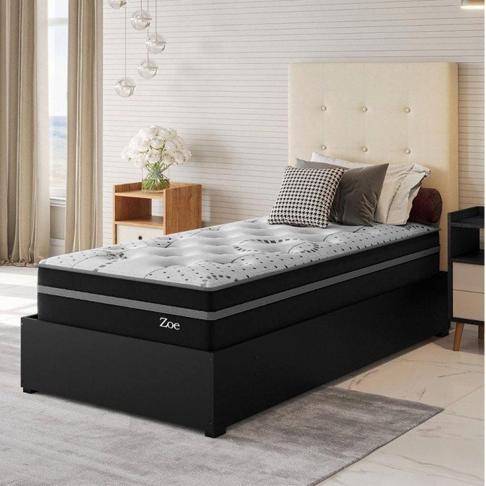 Conjunto Cama Box Solteiro Zoe Com Molas Ensacadas 088x188x62,4cm Preto