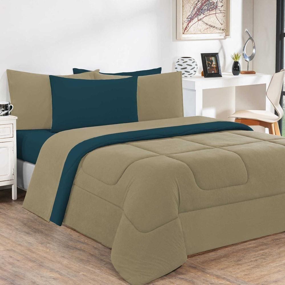 Kit Edredom + Jogo De Lençol Malha 100% Algodão Gran Moratta 6 Peças Casal - Avelã-azul Petróleo