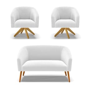 Kit 1 Sofá Namoradeira E 2 Poltronas Stella Bouclê Base De Madeira Ma30 - D`rossi Cor Off White