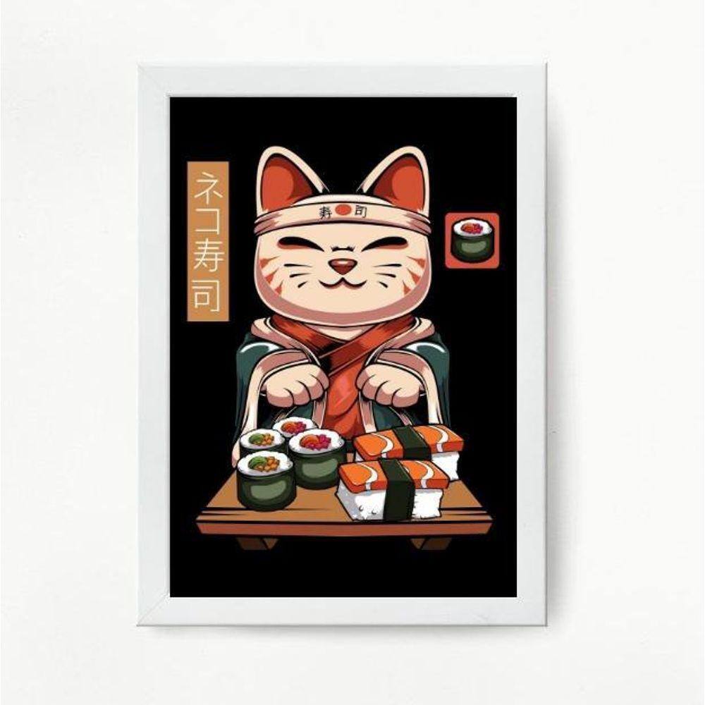 Quadro decorativo Sushi Cat 45x34cm - Vidro, Moldura Preta