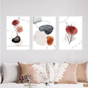 Kit 3 Quadros Flores One Line Aquarela 24X18Cm