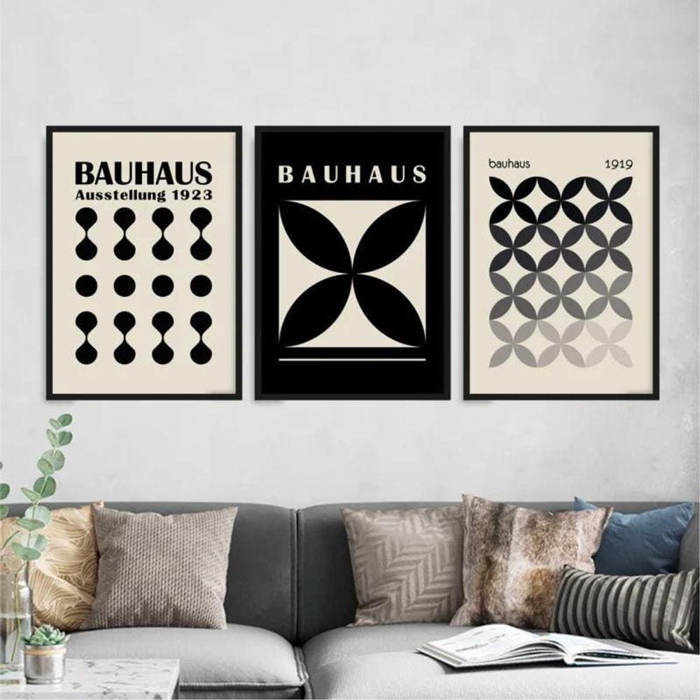 Kit 3 Quadros Abstratos Bauhaus Preto E Cinza 45X34Cm - Com Vidro