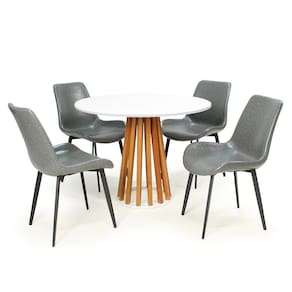 Conjunto Mesa de Jantar Redonda Talia Branca Amadeirada 100cm com 4 Cadeiras Estofadas Chicago - Cinza Escuro