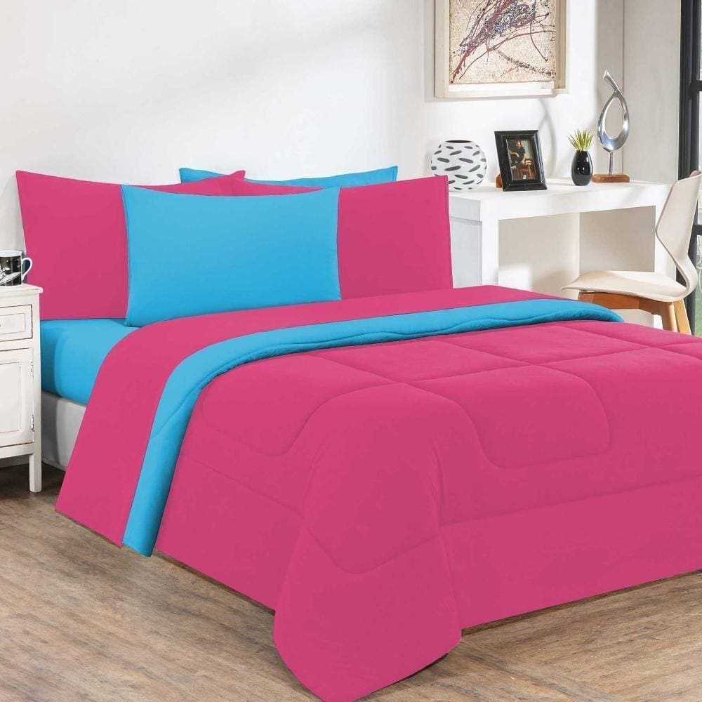 Kit Edredom + Jogo De Lençol Malha 100% Algodão Gran Moratta 4 Peças Solteiro - Pink -azul Turquesa