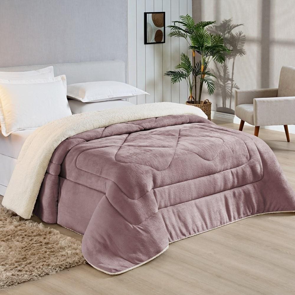 Coberdrom Casal Padrão Sherpa Pele De Carneiro Conforto 01 Peça - Rosê
