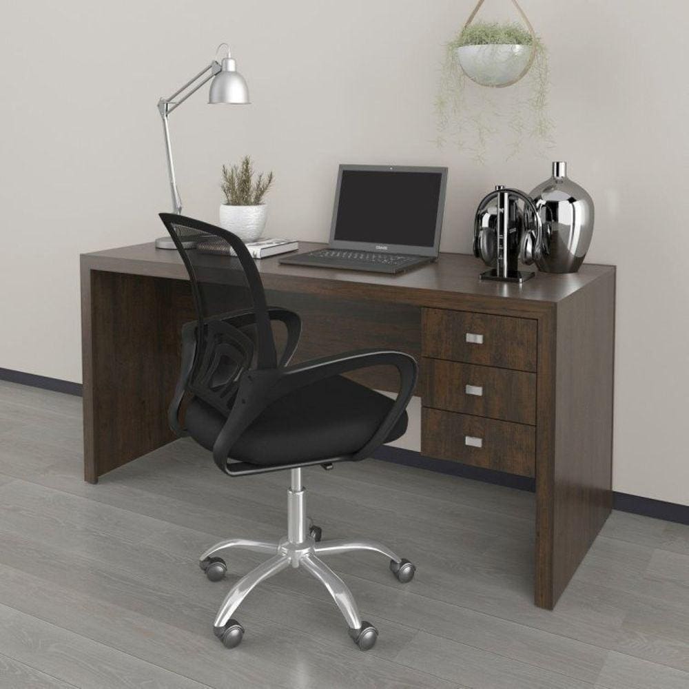 Mesa para Escritório 3 Gavetas Me4113 com Cadeira Diretor Tela Mesh Tok 3310 Rústico