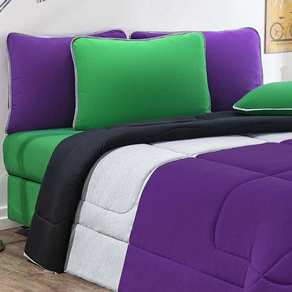 Kit Edredom + Jogo De Lençol Malha 100% Algodão Urbano 5 Peças Solteiro - Roxo-mescla-preto