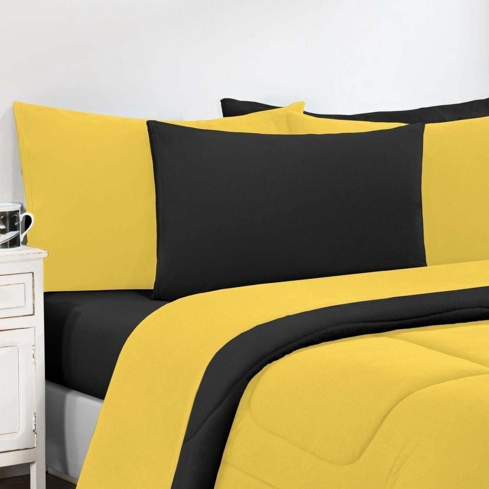 Kit Edredom + Jogo De Lençol Malha 100% Algodão Gran Moratta 7 Peças King - Amarelo-preto