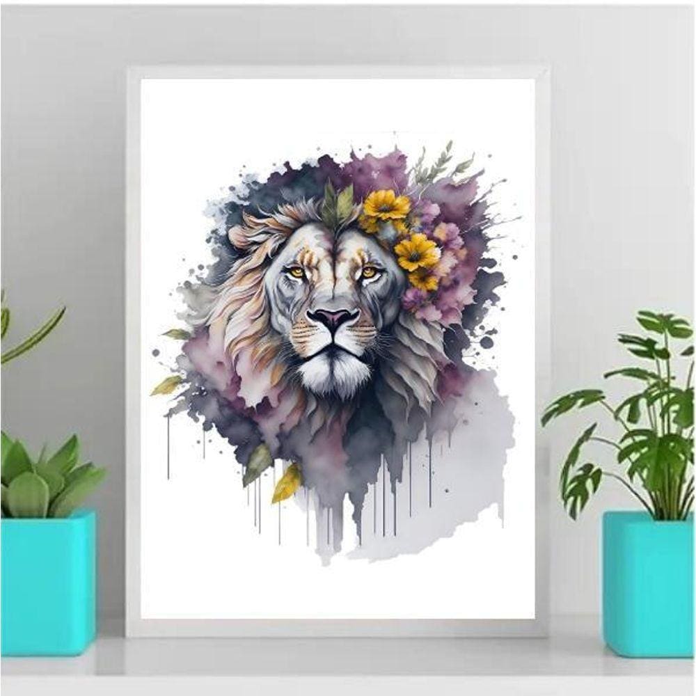 Quadro Decorativo Floral Leão Aquarela 45x34cm - Vidro