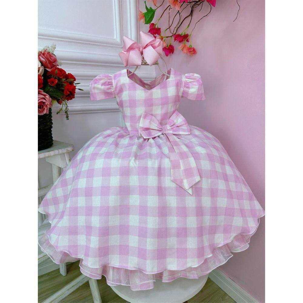 Vestido Infantil Barbie Filme Xadrez Rosa Brilho