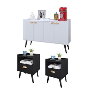 Kit 2 Mesinhas Cabeceira Estilo Retrô Preto 1 Gaveta Nicho Decorativo e Buffet Kiev Cantinho Café Branco - RPM Móveis