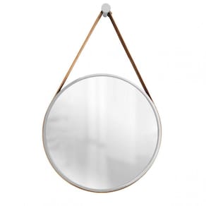 Espelho Decorativo Adnet Cinza Alça Corino Café 40Cm Redondo