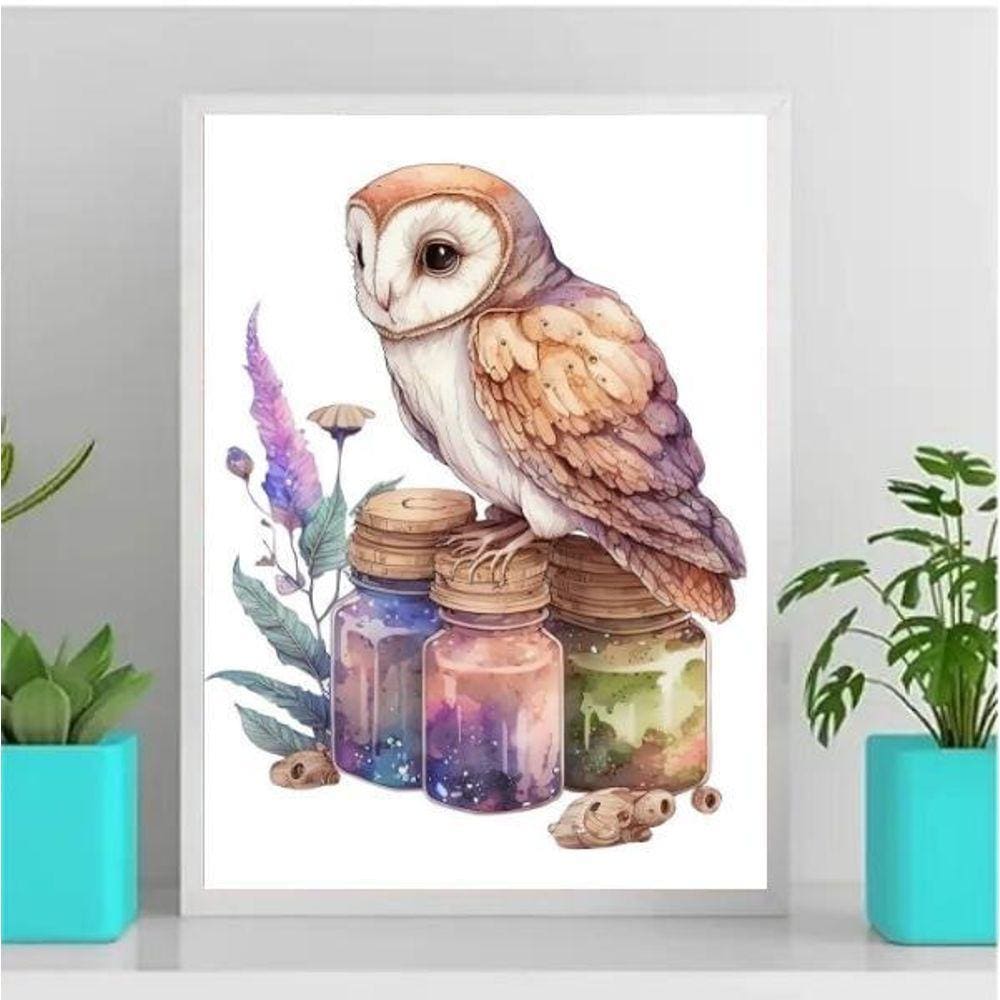 Quadro Coruja Mágica Aquarela 33X24Cm - Com Vidro