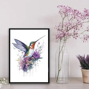 Quadro floral beija-flor aquarela 24x18cm - com vidro