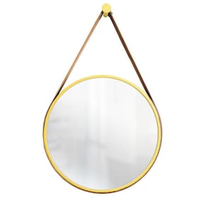 Espelho Decorativo Adnet Amarelo Alça Corino Caramelo 40Cm