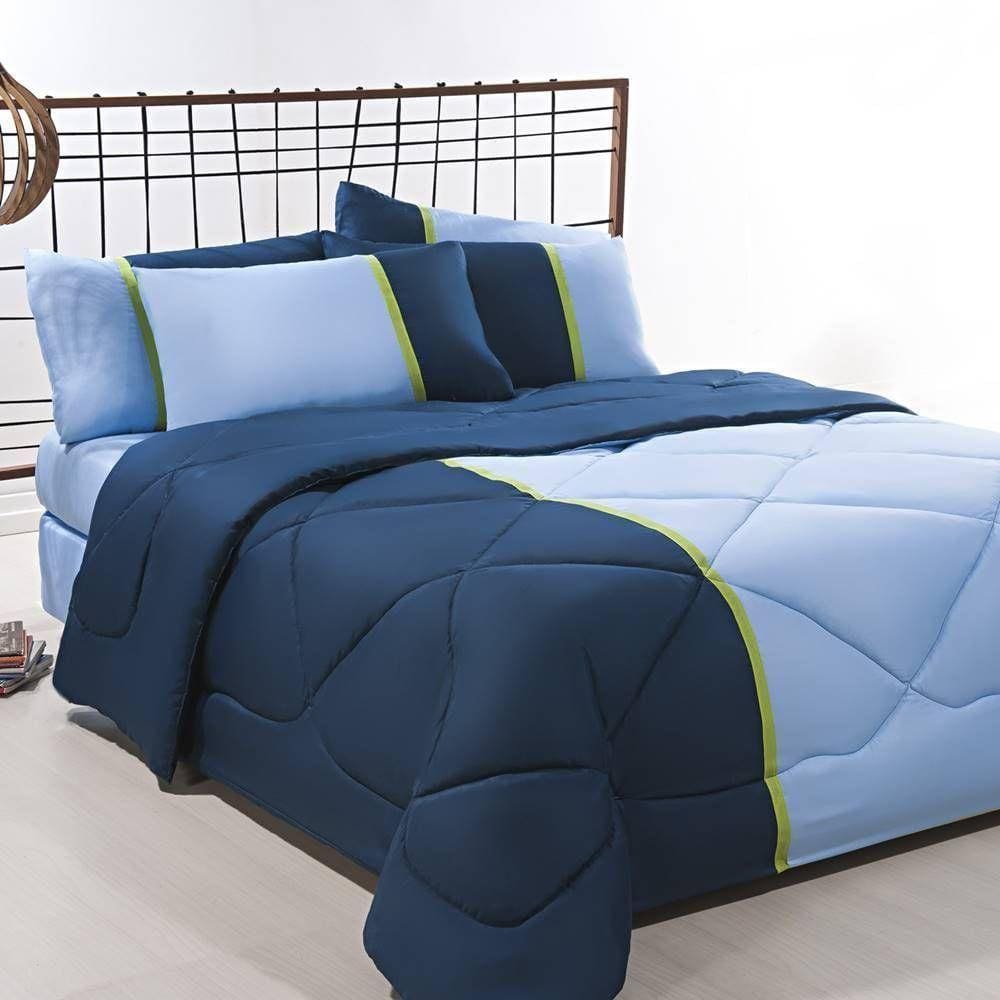 Enxoval Edredom + Jogo De Cama Queen Aconchego Premium 06 Peças - Azul- Marinho