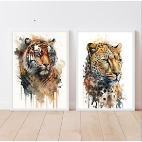 Kit 2 Quadros Onça e Tigre Aquarela 45x34cm - Vidro Preta