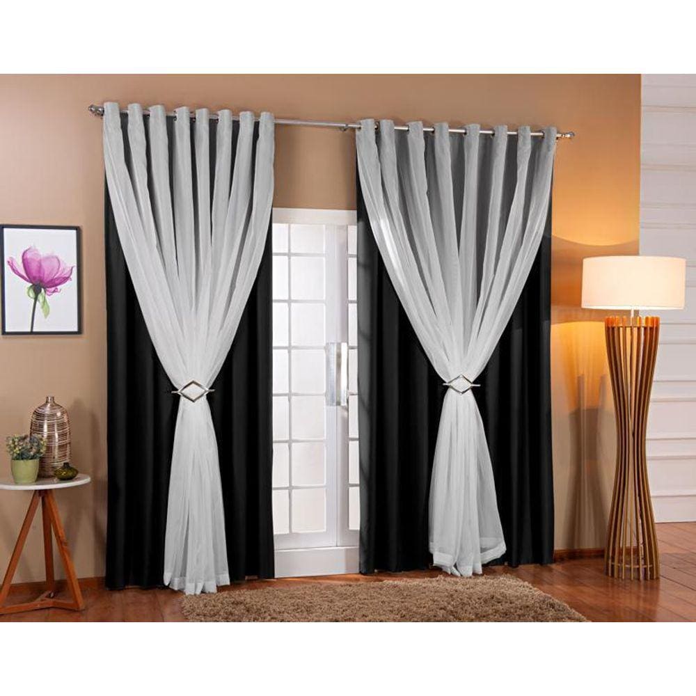 Cortina De Voil Com Forro Blackout Tecido 5,00X2,30 Sala E Quarto Preto/Branco