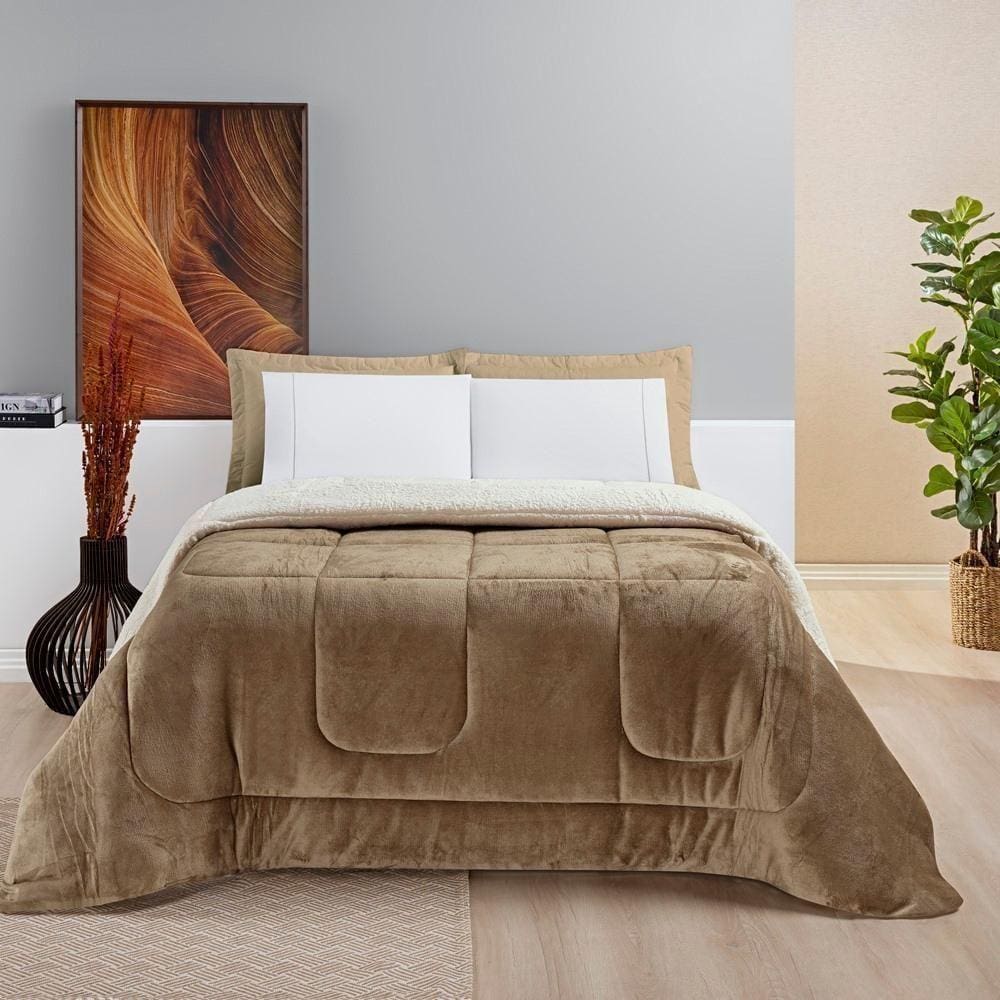 Coberdrom Sherpa E Flannel Everest Queen Manta Alta 150g 01 Peça - Caqui