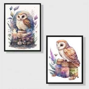 Kit 2 Quadros Coruja Mágica Aquarela 45X34Cm - Com Vidro