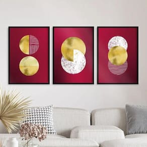 Kit 3 Quadros Abstratos Círculos Vinho e Dourado 45x34cm