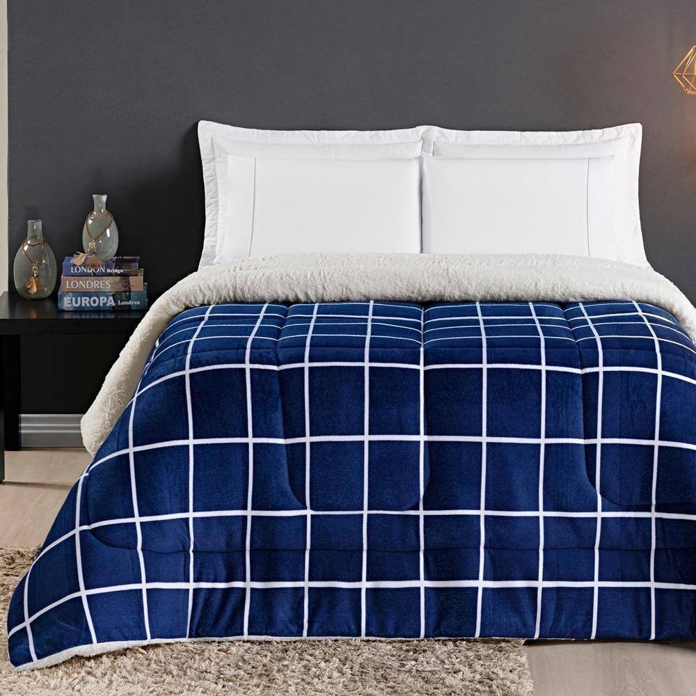 Coberdrom Sherpa E Flannel Austin Queen Manta 100g 01 Peça - Marinho