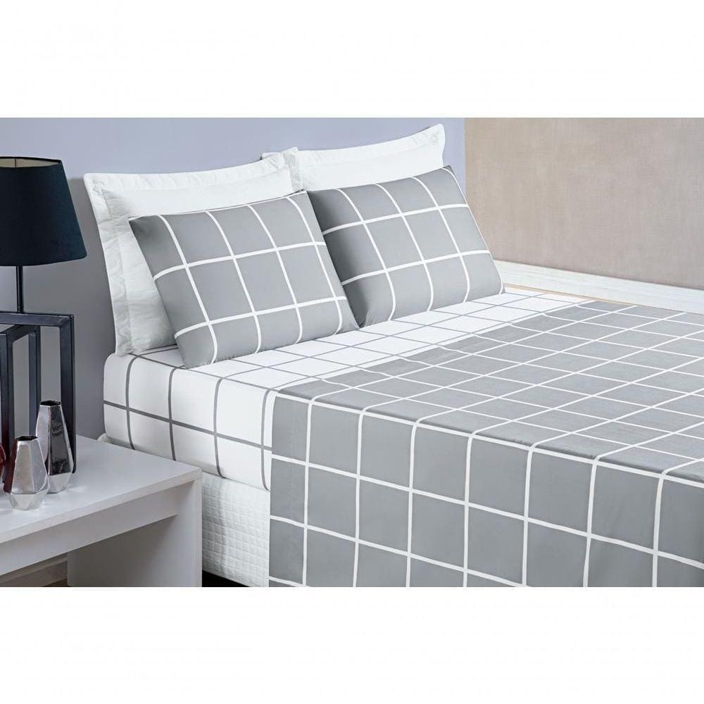 Jogo De Cama Com Lençol De Cima 200 Fios Austin King 04 Peças - Cinza