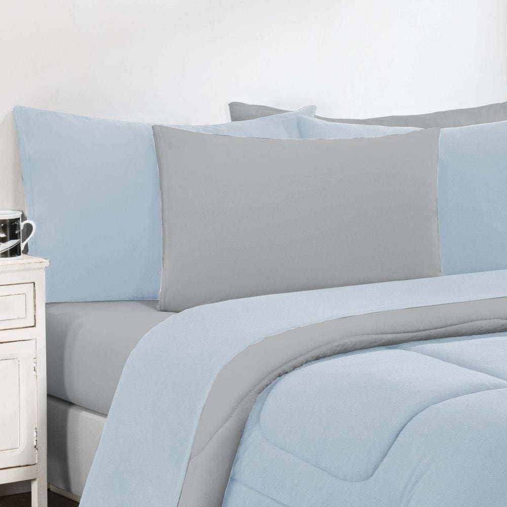 Kit Edredom + Jogo De Lençol Malha 100% Algodão Gran Moratta 7 Peças King - Azul Bebê-cinza