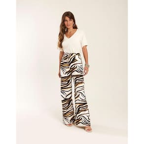 Calça Zinzane Feminino Pantalona Sarja Estampada - Areia