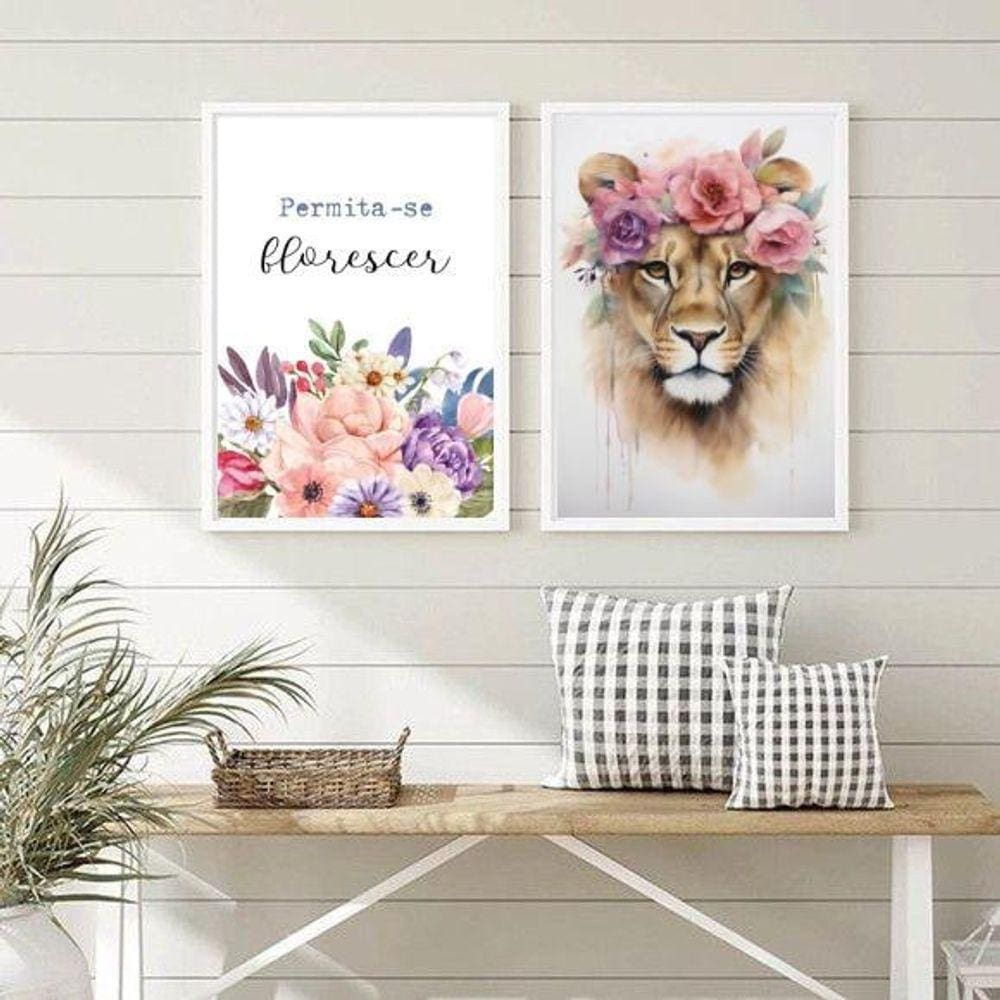 Kit 2 Quadros Leoa 33x24cm - Vidro e Moldura Preta