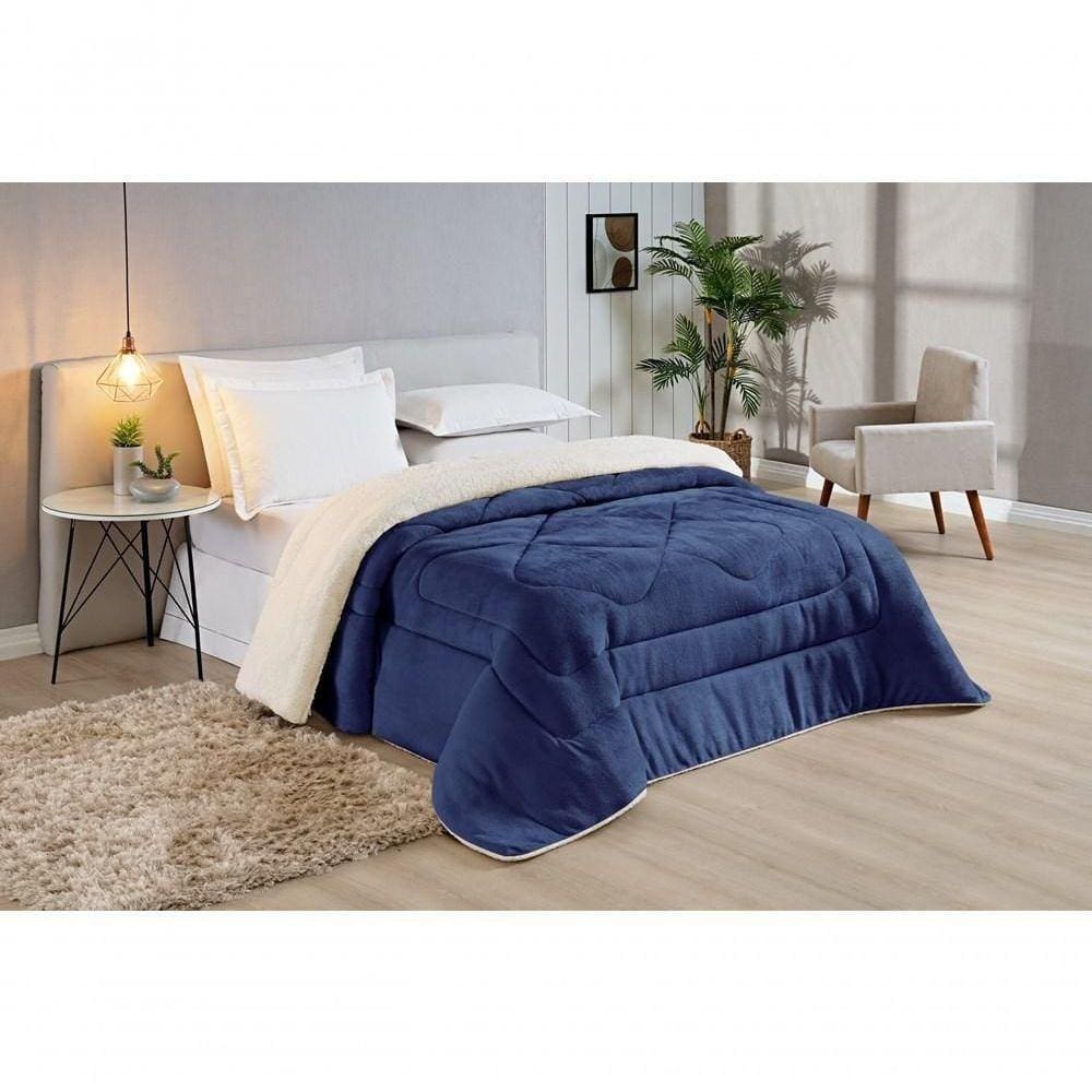 Coberdrom Casal Padrão Sherpa Pele De Carneiro Conforto 01 Peça - Marinho