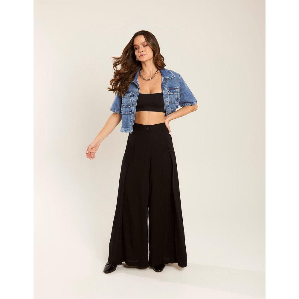 Calça Zinzane Feminino Pantalona Pregas - Preto