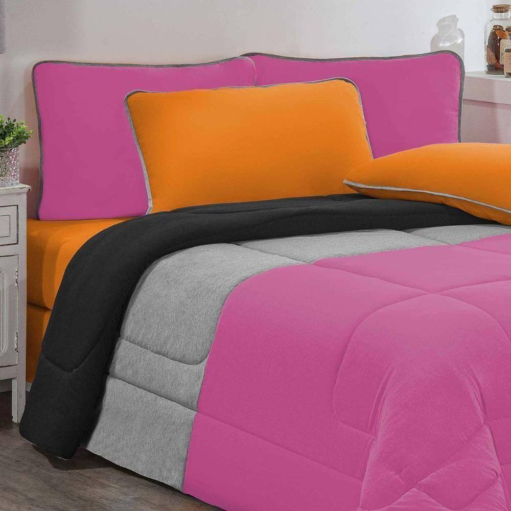 Kit Edredom + Jogo De Lençol Malha 100% Algodão Urbano 6 Peças King - Pink-mescla-laranja