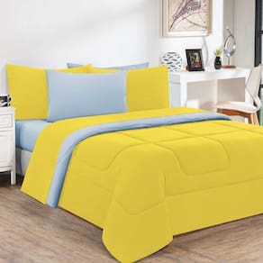 Kit Edredom + Jogo De Lençol Malha 100% Algodão Gran Moratta 7 Peças Queen - Amarelo-azul Bebê