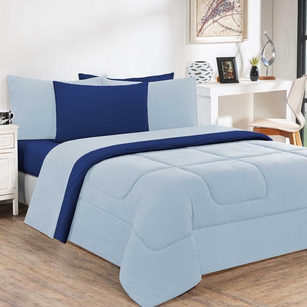 Kit Edredom + Jogo De Lençol Malha 100% Algodão Gran Moratta 6 Peças King - Azul Bebê-azul Royal