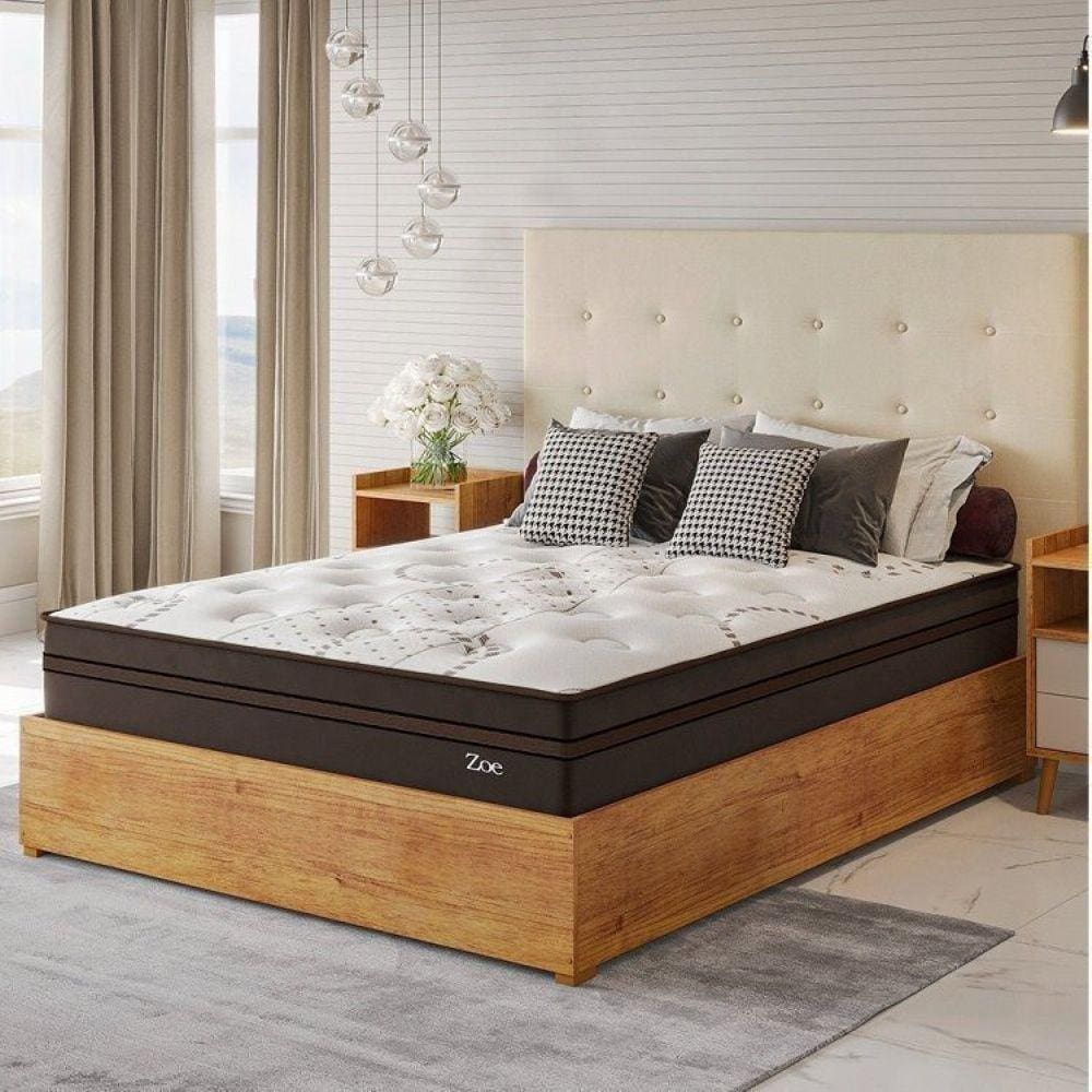 Conjunto Cama Box Casal Zoe Com Molas Ensacadas 138x188x62,4cm Marrom