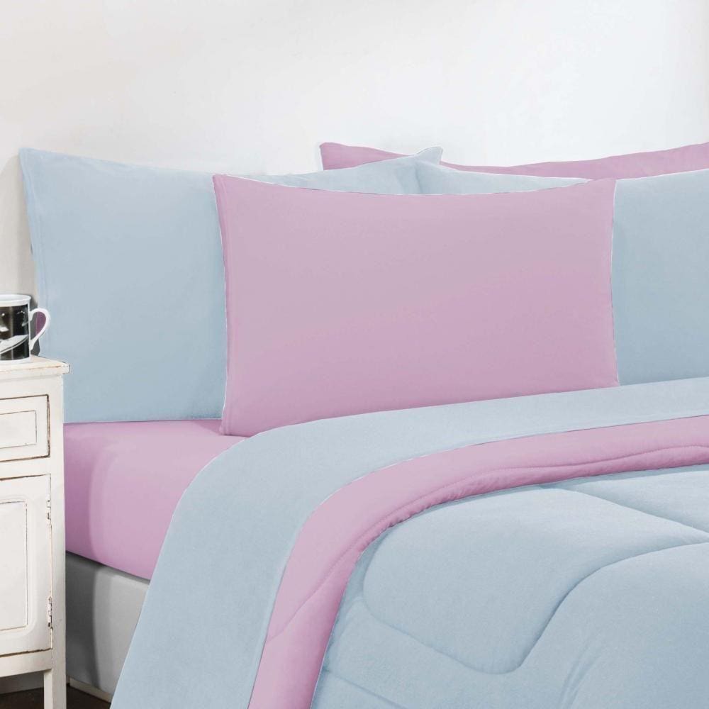 Kit Edredom + Jogo De Lençol Malha 100% Algodão Gran Moratta 7 Peças King - Azul Bebê-rosa Bebê