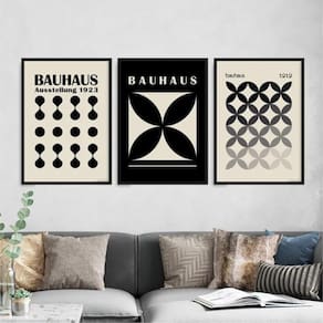 Kit 3 Quadros Abstratos Bauhaus Preto E Cinza 24X18Cm - Com Vidro