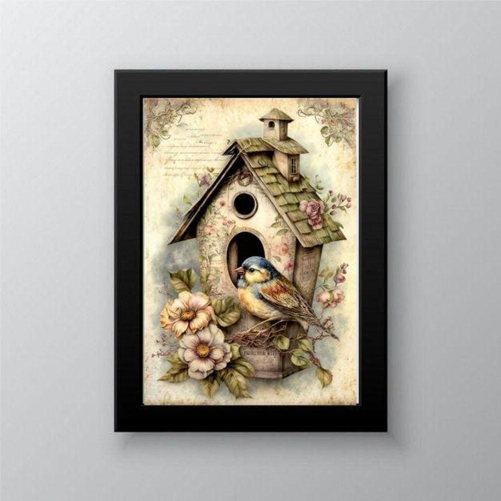 Quadro Passarinho Retrô Vintage 33x24cm - Madeira Branca