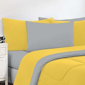 Kit Edredom + Jogo De Lençol Malha 100% Algodão Gran Moratta 7 Peças King - Amarelo-cinza