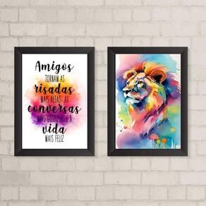 Kit 2 Quadros Decorativos Leão Frase Amigos 33X24Cm - Com Vidro