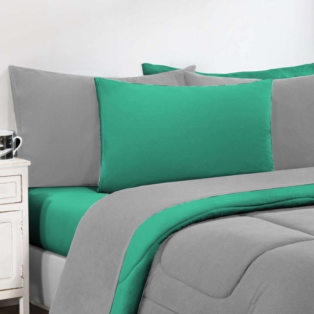 Kit Edredom + Jogo De Lençol Malha 100% Algodão Gran Moratta 7 Peças Queen - Cinza-verde Jade