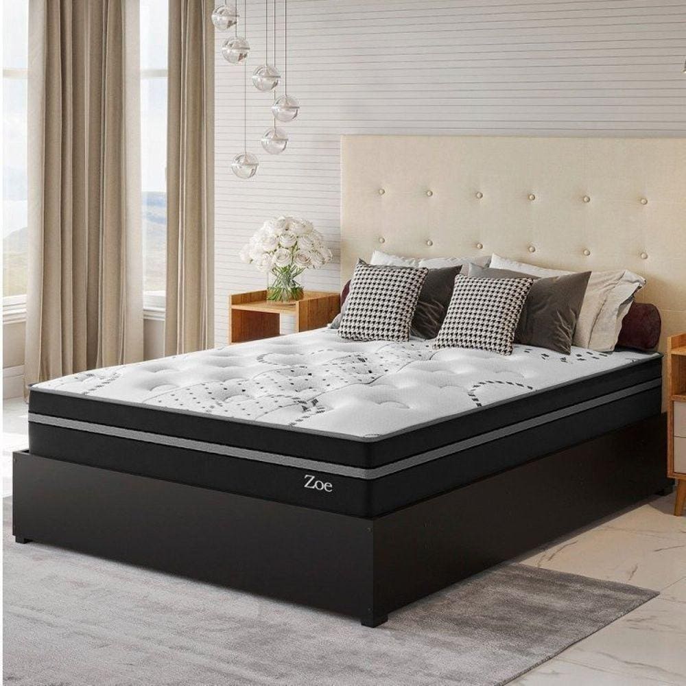 Conjunto Cama Box Casal Zoe Com Molas Ensacadas  138x188x62,4cm Preto