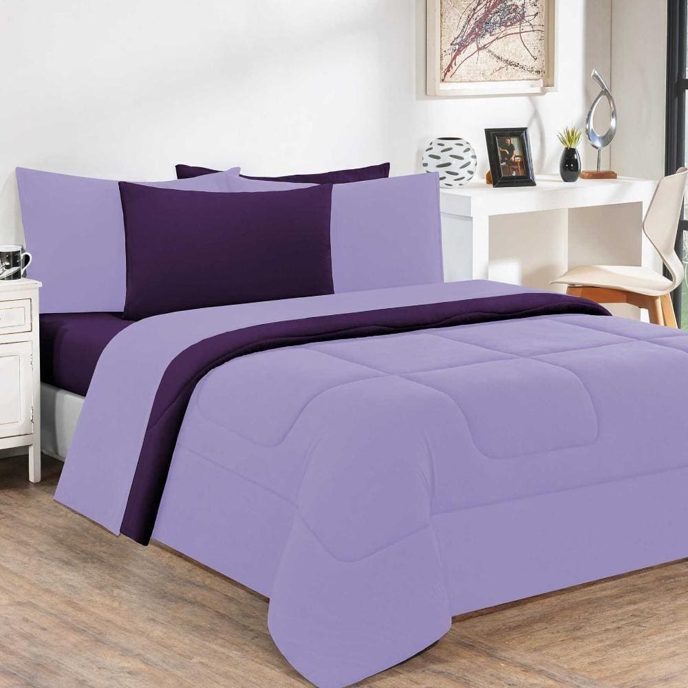 Kit Edredom + Jogo De Lençol Malha 100% Algodão Gran Moratta 4 Peças Solteiro - Lilás-roxo